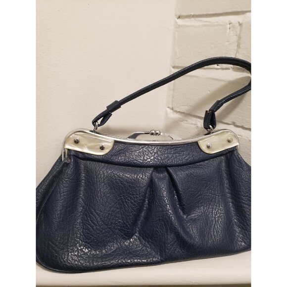 Navy Blue Top Handle Purse Pleated Vintage Purse - Picture 5 of 10